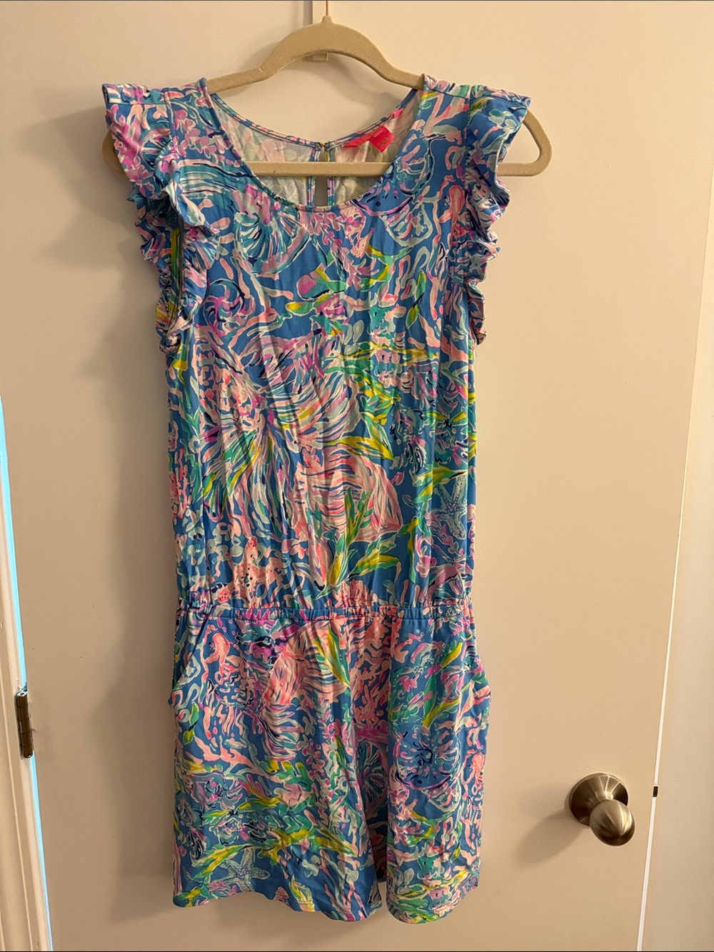Lilly Pulitzer Blue Pink Floral Ruffle-Sleeve Casual Dress